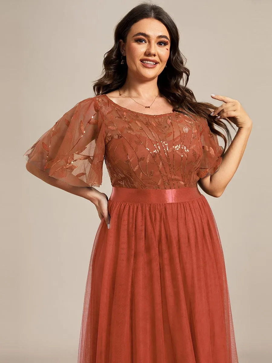 Plus Size Women's Embroidery Evening Dresses with Short Sleeve