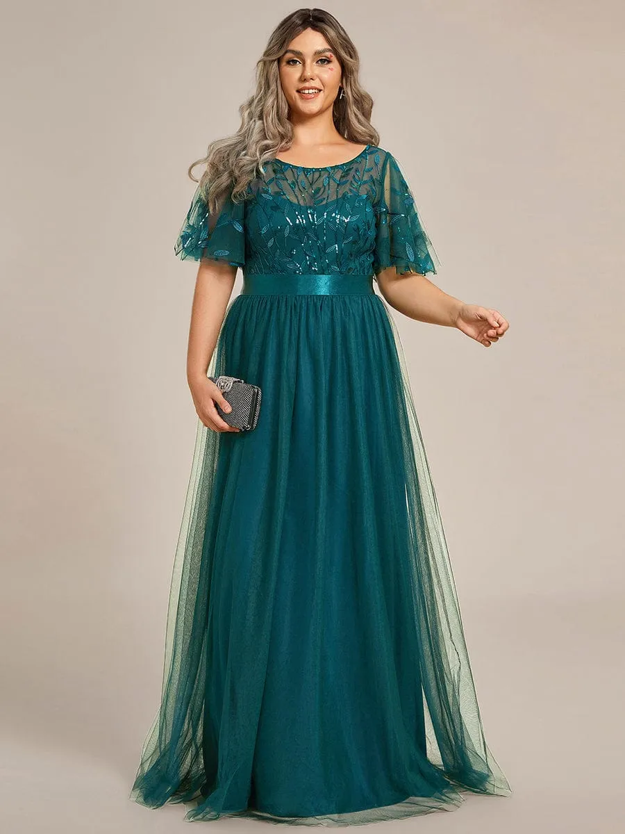 Plus Size Women's Embroidery Evening Dresses with Short Sleeve