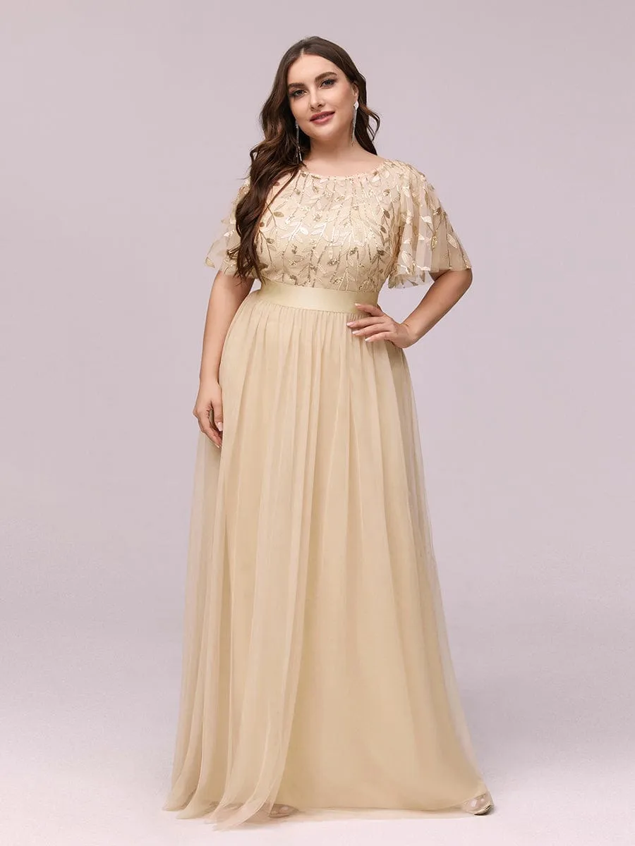 Plus Size Women's Embroidery Evening Dresses with Short Sleeve