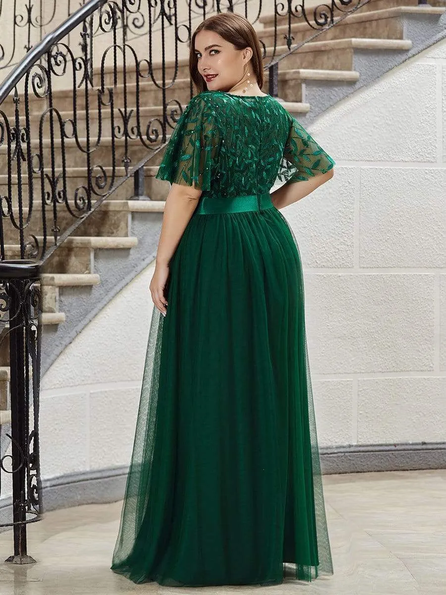 Plus Size Women's Embroidery Evening Dresses with Short Sleeve