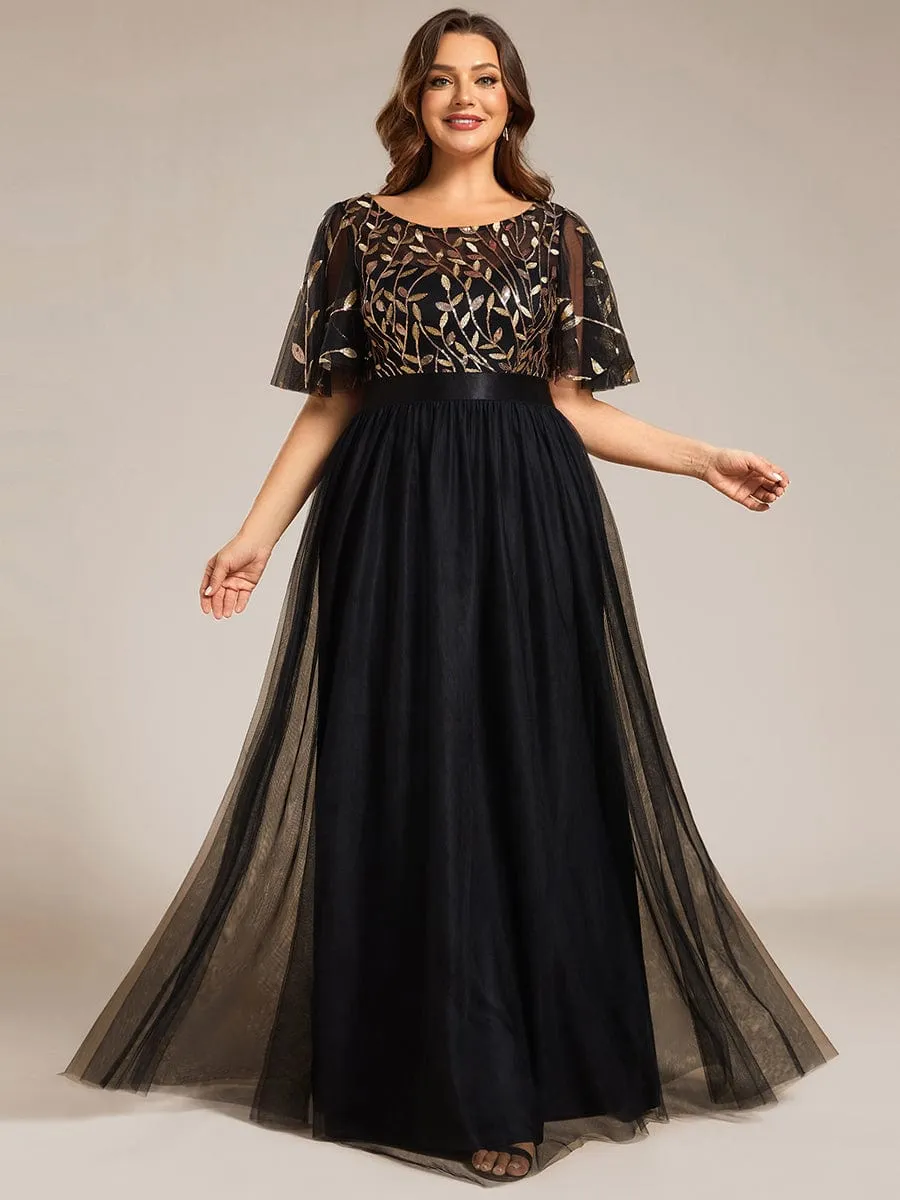 Plus Size Women's Embroidery Evening Dresses with Short Sleeve