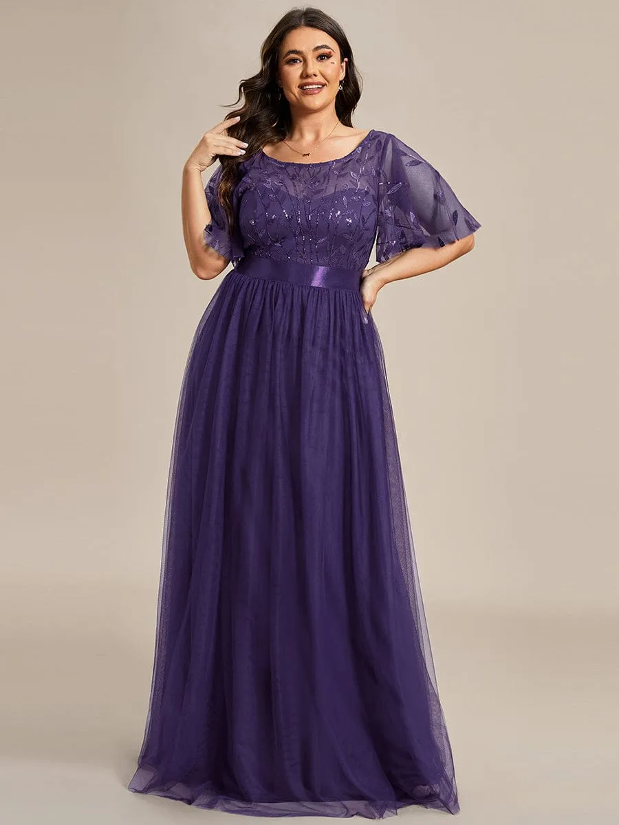 Plus Size Women's Embroidery Evening Dresses with Short Sleeve