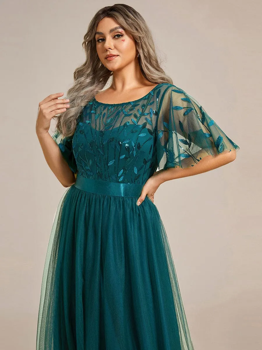 Plus Size Women's Embroidery Evening Dresses with Short Sleeve