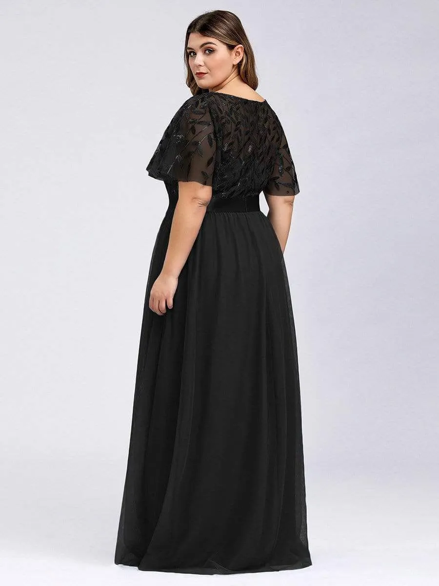 Plus Size Women's Embroidery Evening Dresses with Short Sleeve