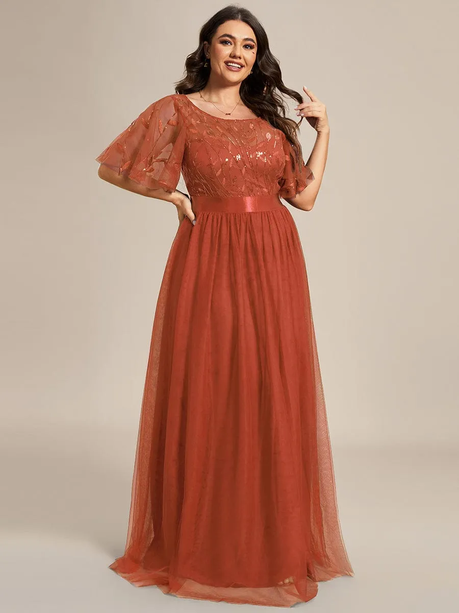 Plus Size Women's Embroidery Evening Dresses with Short Sleeve