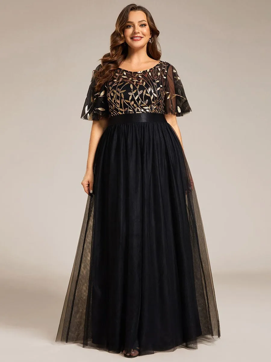 Plus Size Women's Embroidery Evening Dresses with Short Sleeve