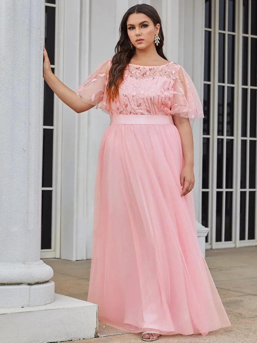 Plus Size Women's Embroidery Evening Dresses with Short Sleeve