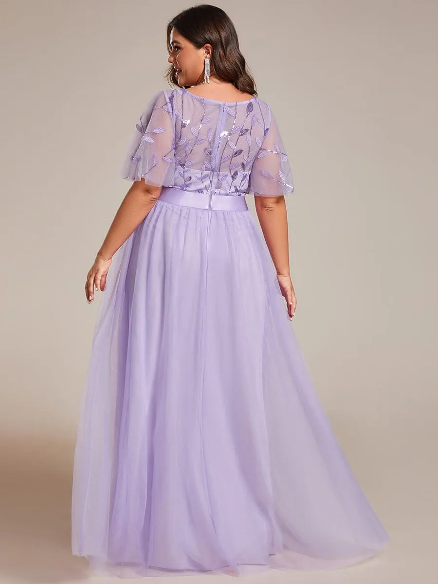 Plus Size Women's Embroidery Evening Dresses with Short Sleeve