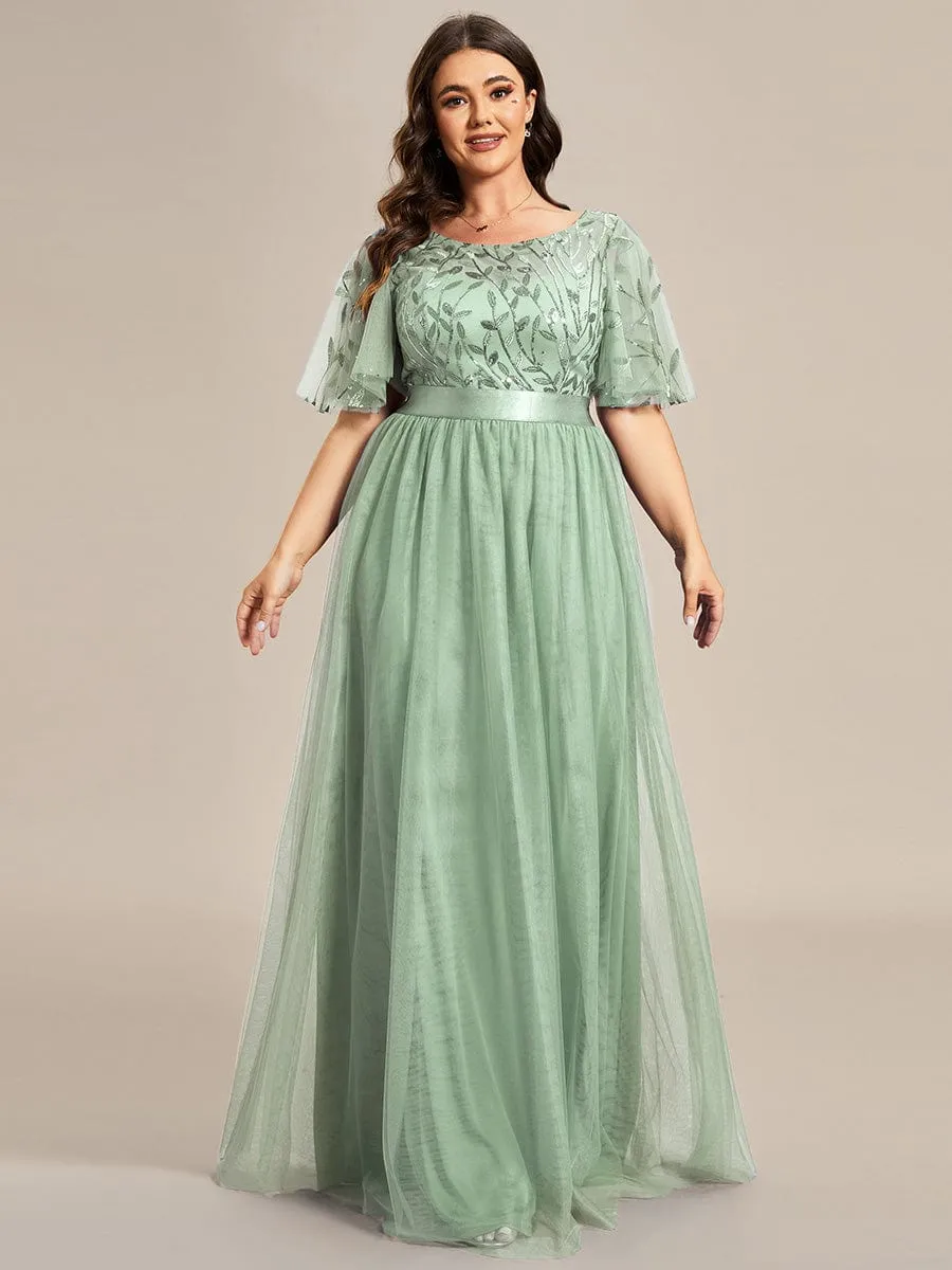 Plus Size Women's Embroidery Evening Dresses with Short Sleeve