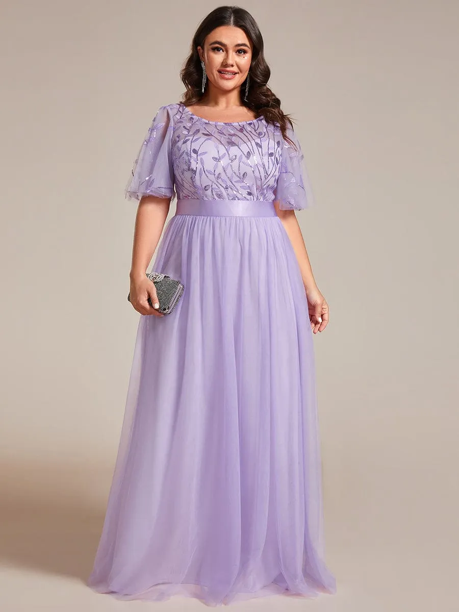 Plus Size Women's Embroidery Evening Dresses with Short Sleeve