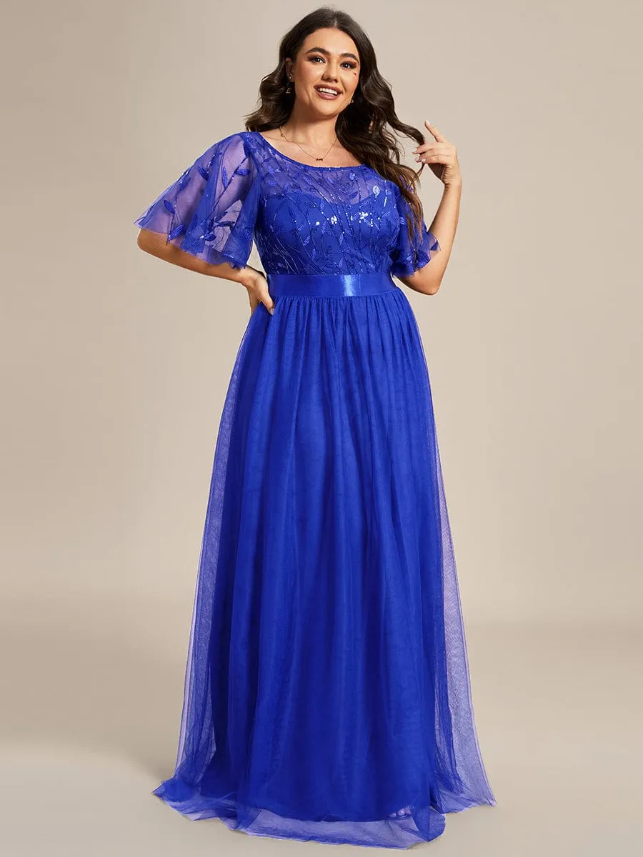 Plus Size Women's Embroidery Evening Dresses with Short Sleeve