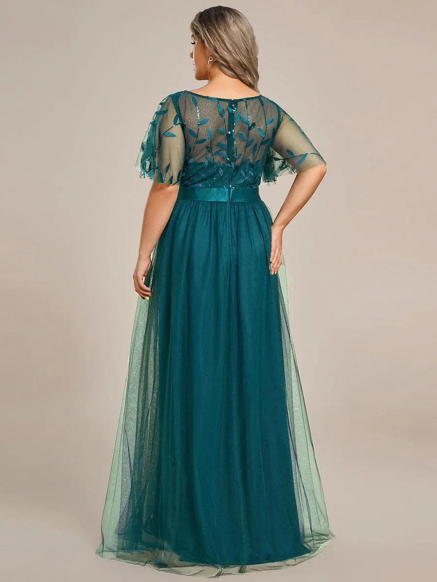 Plus Size Women's Embroidery Evening Dresses with Short Sleeve