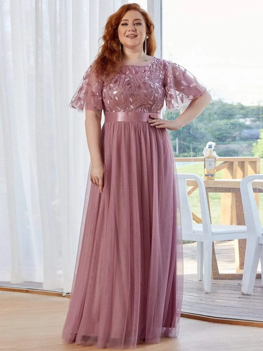 Plus Size Women's Embroidery Evening Dresses with Short Sleeve