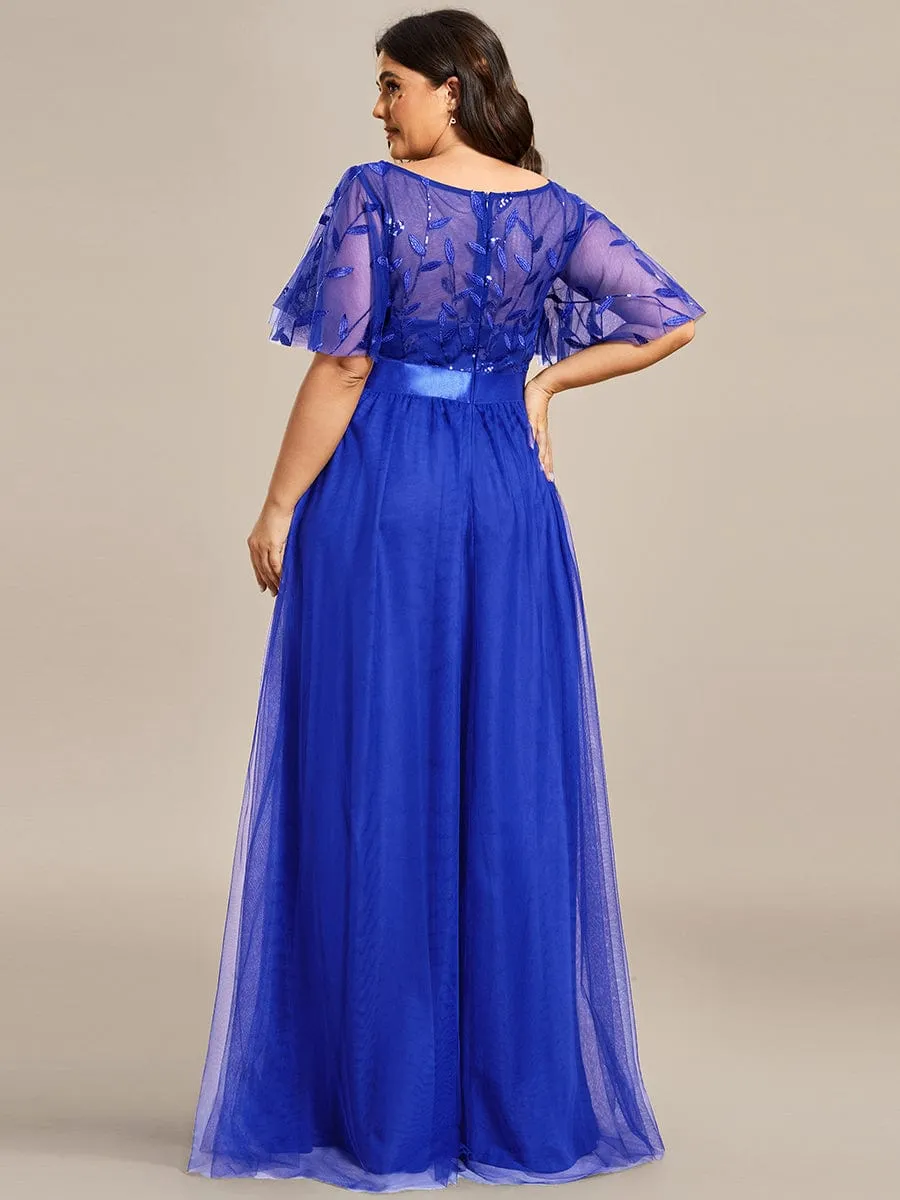 Plus Size Women's Embroidery Evening Dresses with Short Sleeve