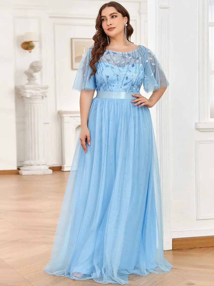 Plus Size Women's Embroidery Evening Dresses with Short Sleeve