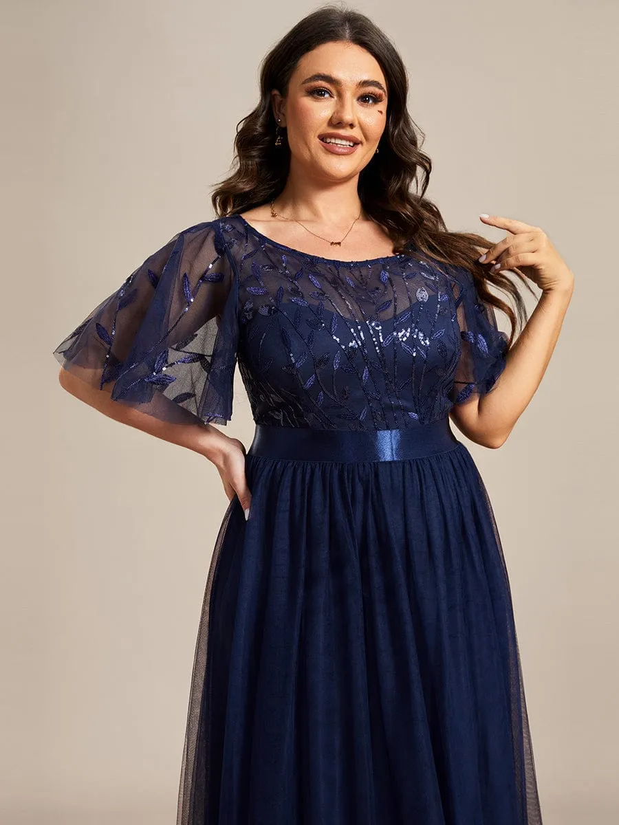 Plus Size Women's Embroidery Evening Dresses with Short Sleeve