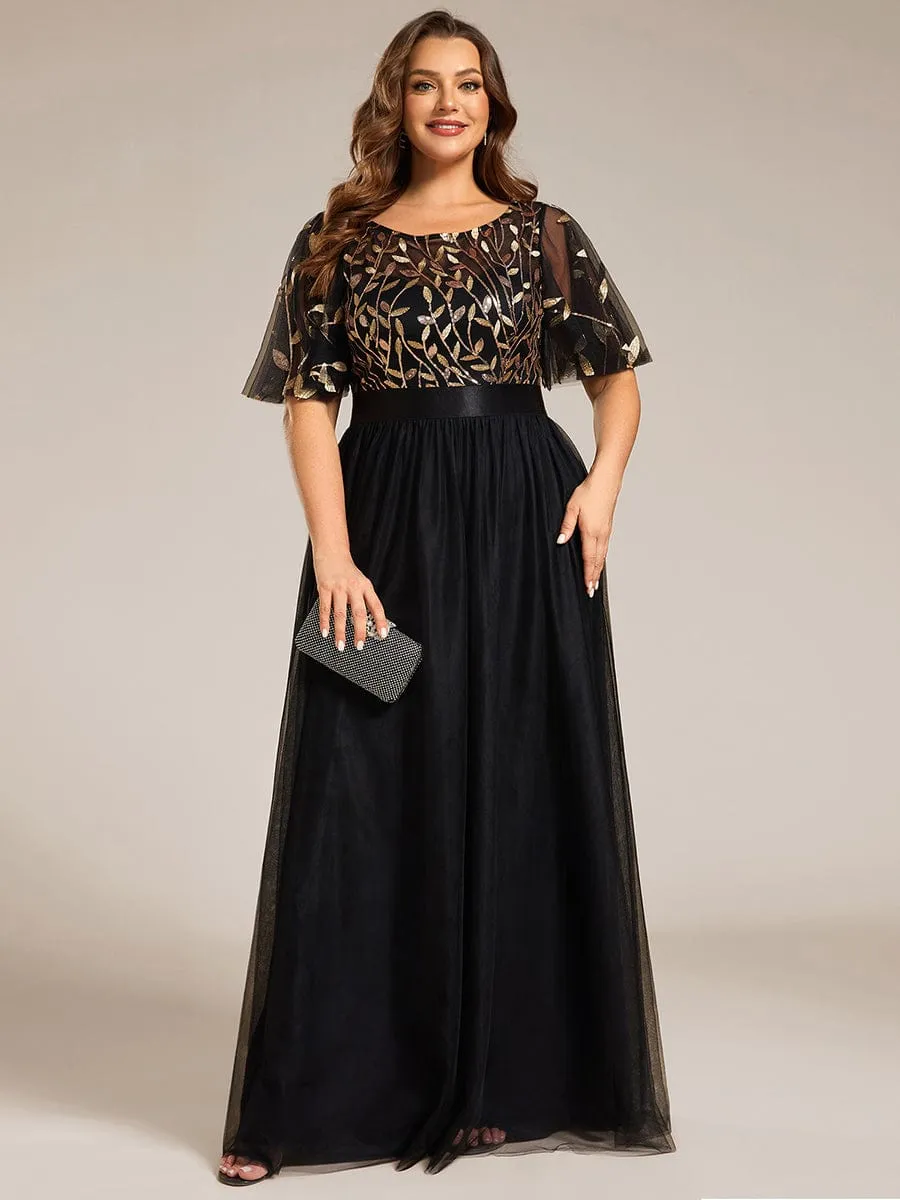 Plus Size Women's Embroidery Evening Dresses with Short Sleeve