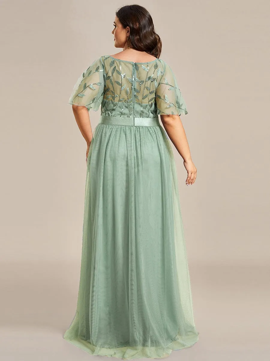 Plus Size Women's Embroidery Evening Dresses with Short Sleeve