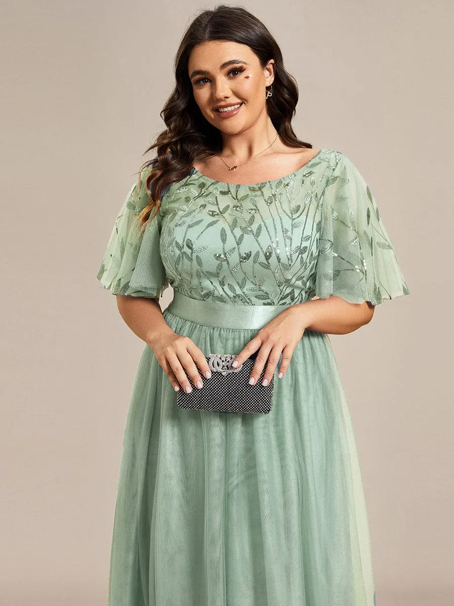 Plus Size Women's Embroidery Evening Dresses with Short Sleeve