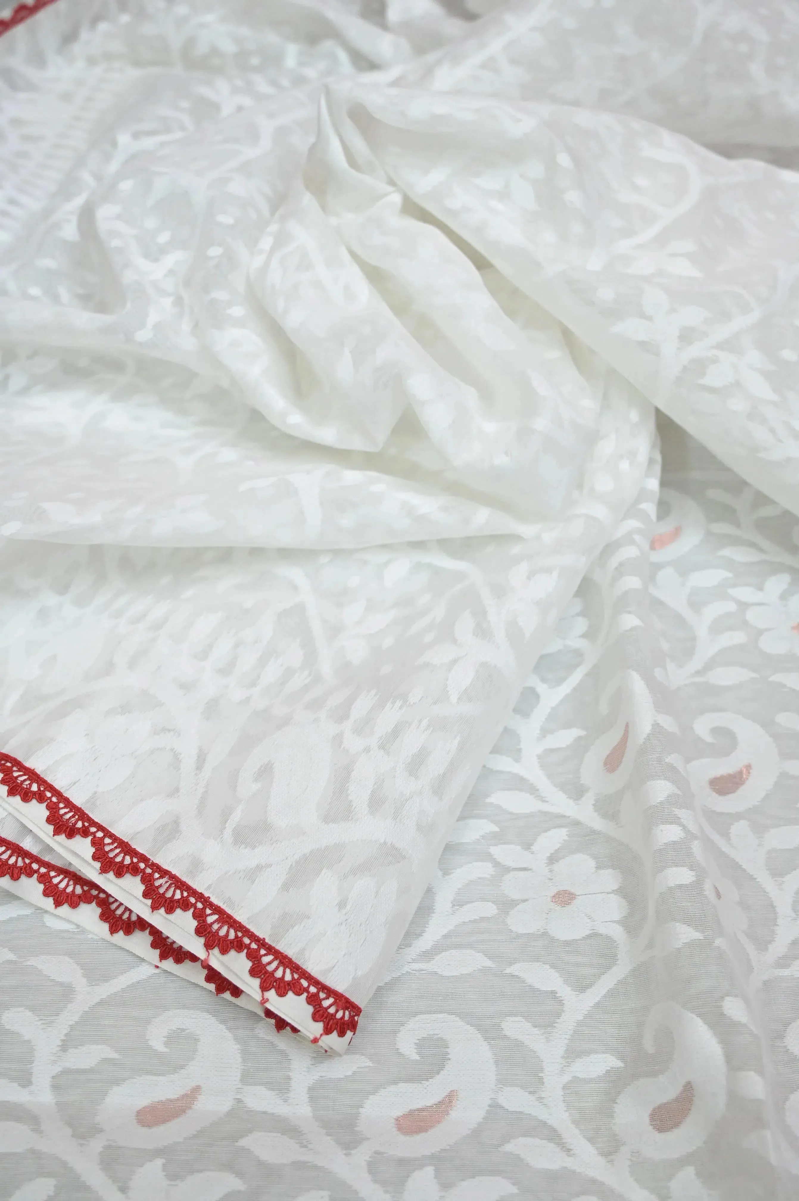 Pure White Color Jamdani Saree with Lace Work