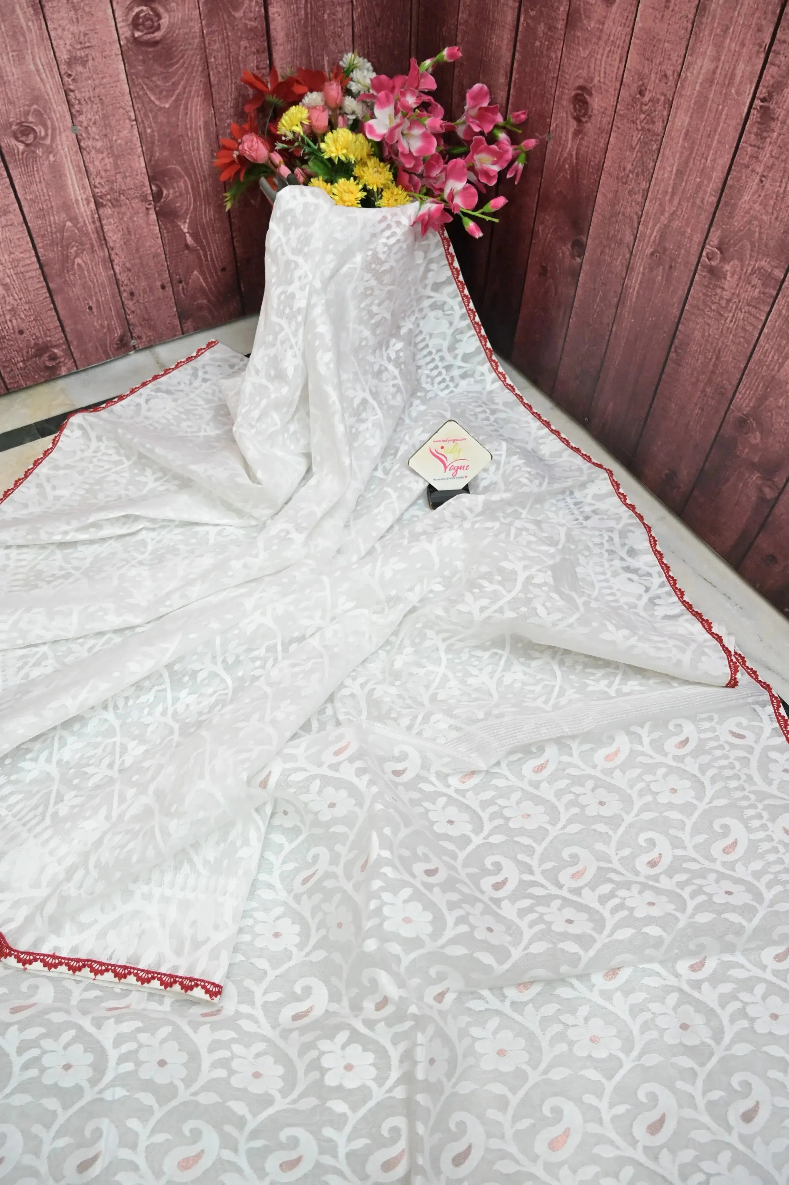 Pure White Color Jamdani Saree with Lace Work