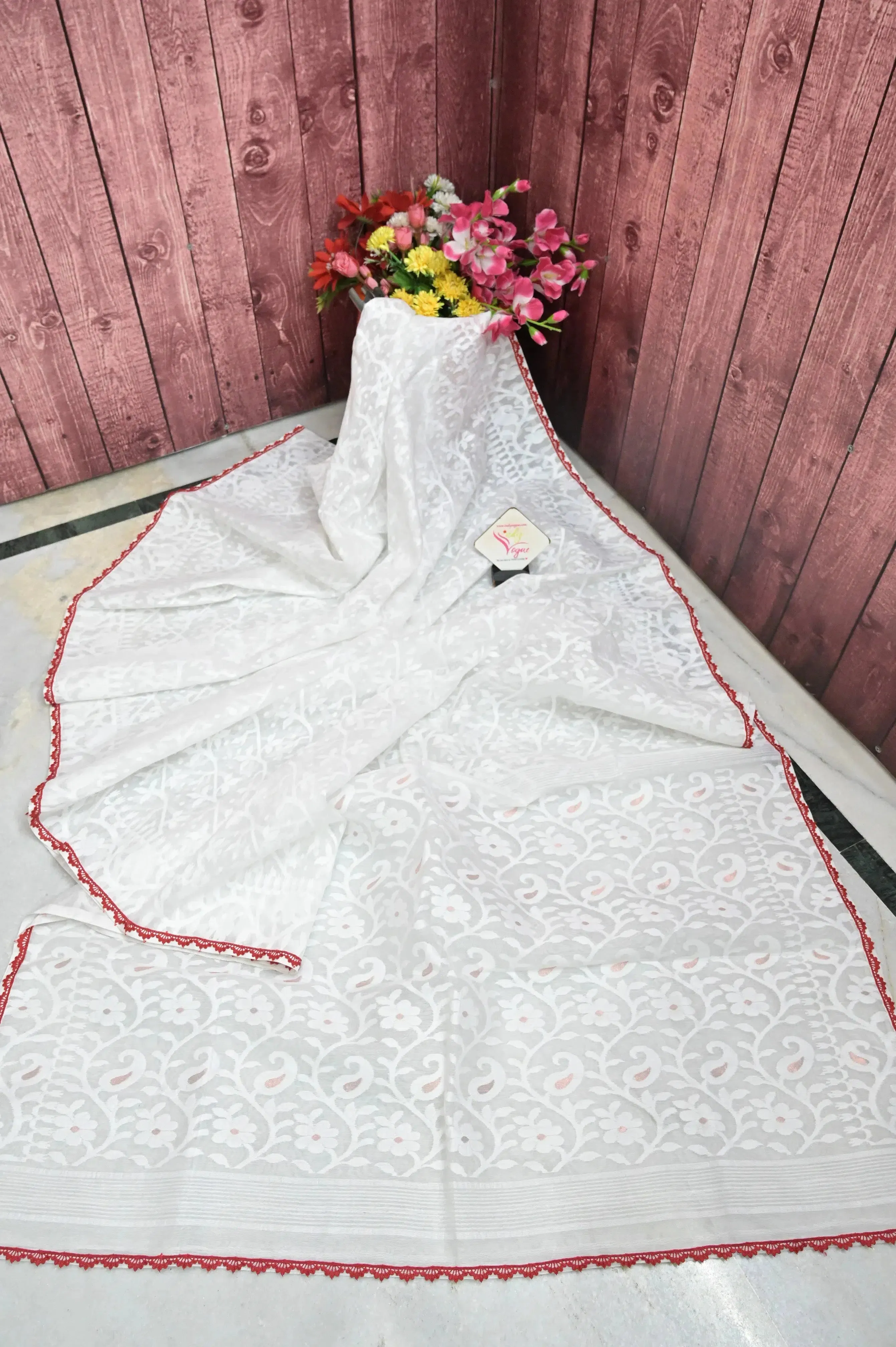 Pure White Color Jamdani Saree with Lace Work