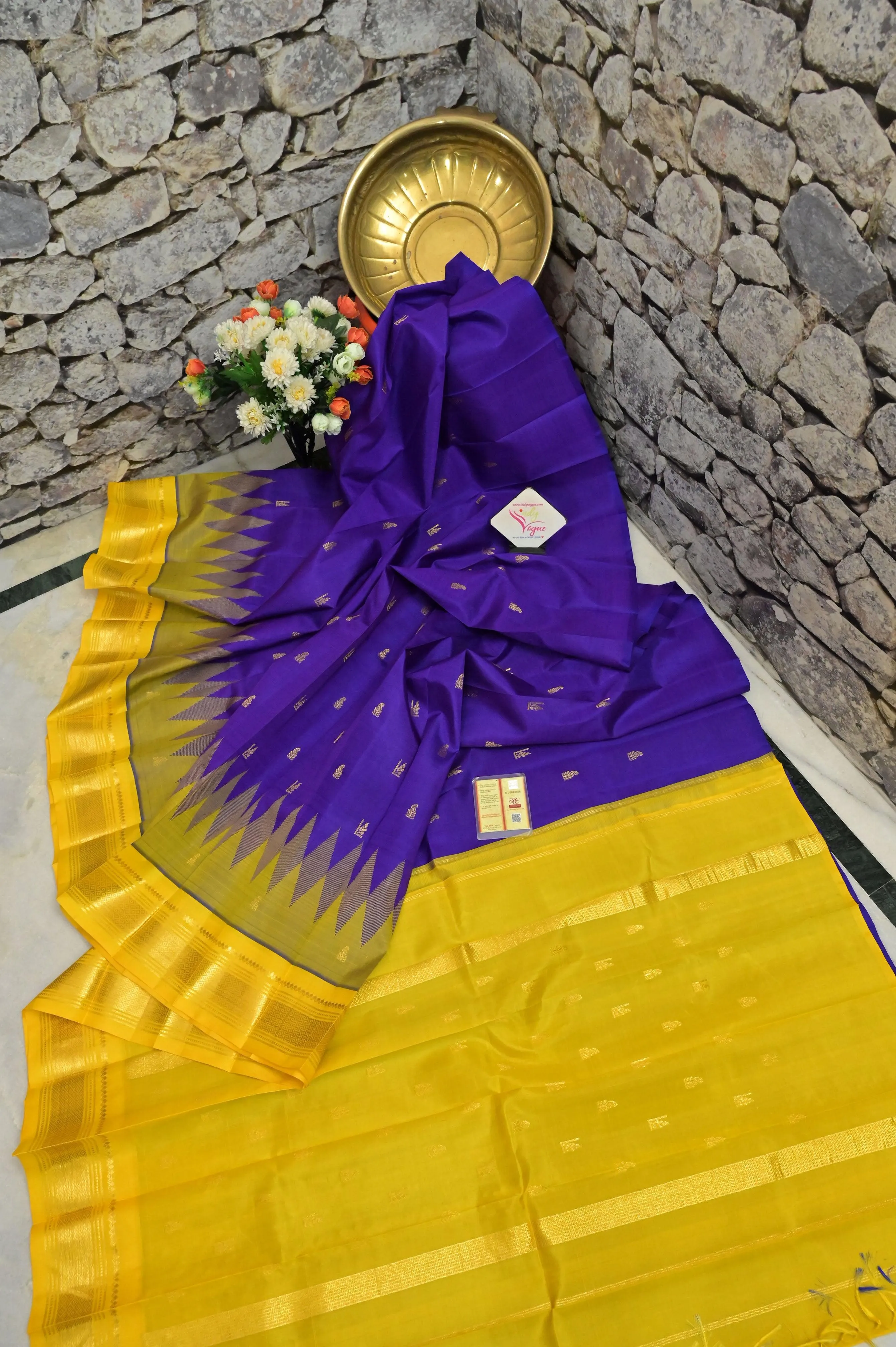 Purple and Yellow Color Pure Kanjeevaram Silk Saree with Zari Temple Border