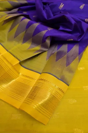 Purple and Yellow Color Pure Kanjeevaram Silk Saree with Zari Temple Border