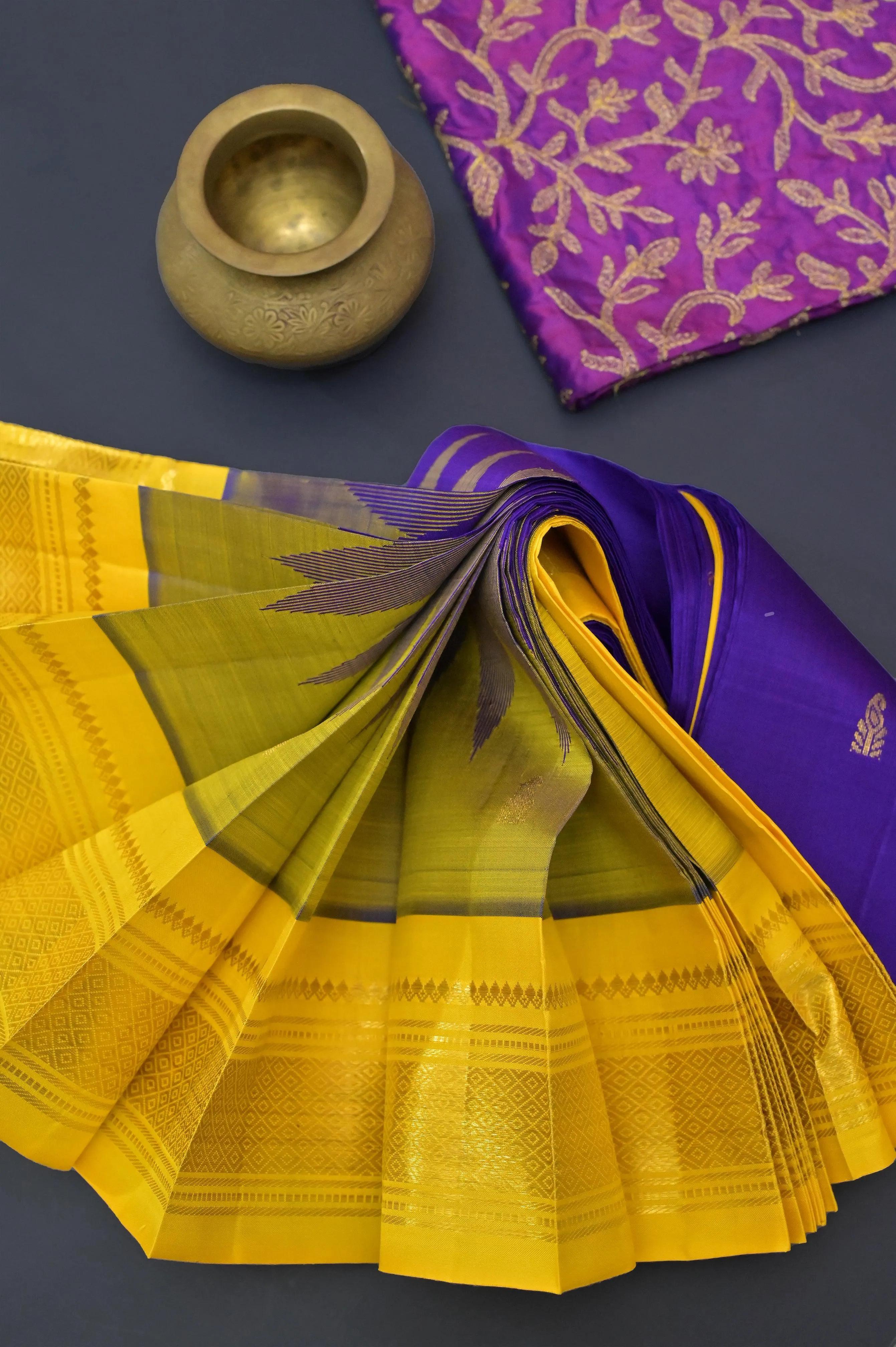 Purple and Yellow Color Pure Kanjeevaram Silk Saree with Zari Temple Border