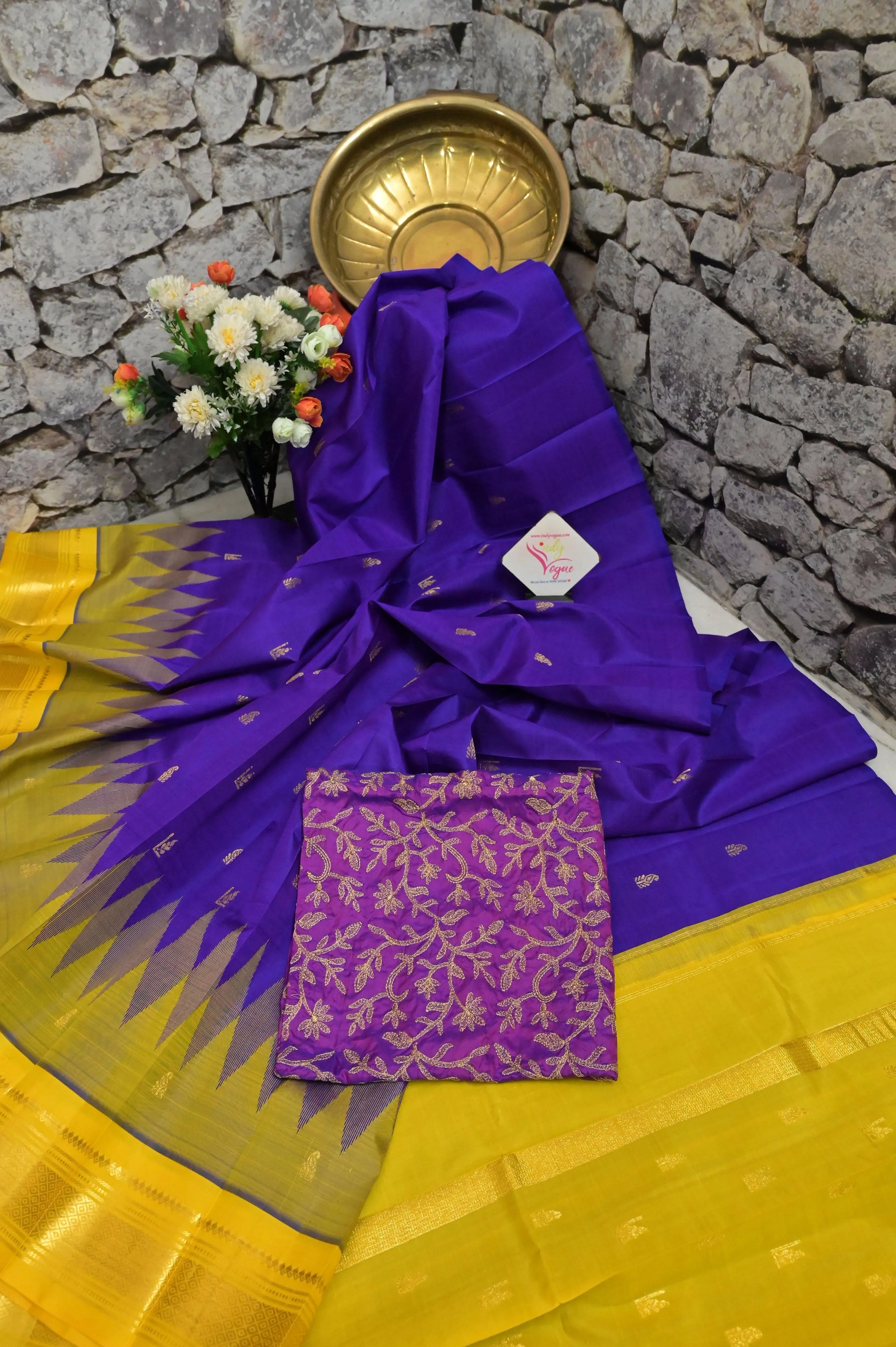 Purple and Yellow Color Pure Kanjeevaram Silk Saree with Zari Temple Border