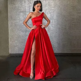 Red One Shoulder Satin Split Evening Dress