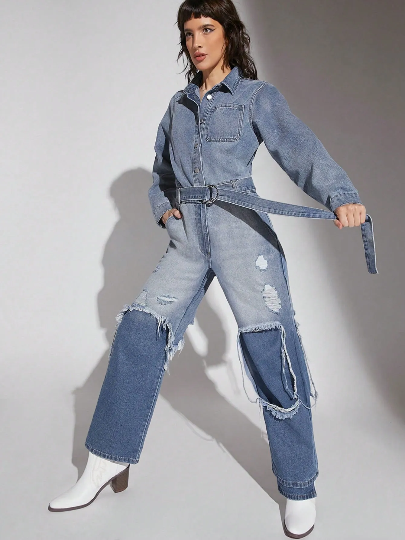 Ripped Belted Denim Jumpsuit