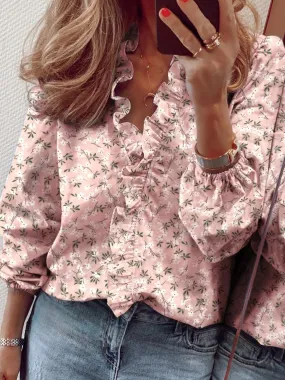 Ruffled Print V-Neck Blouse (S - 2X)