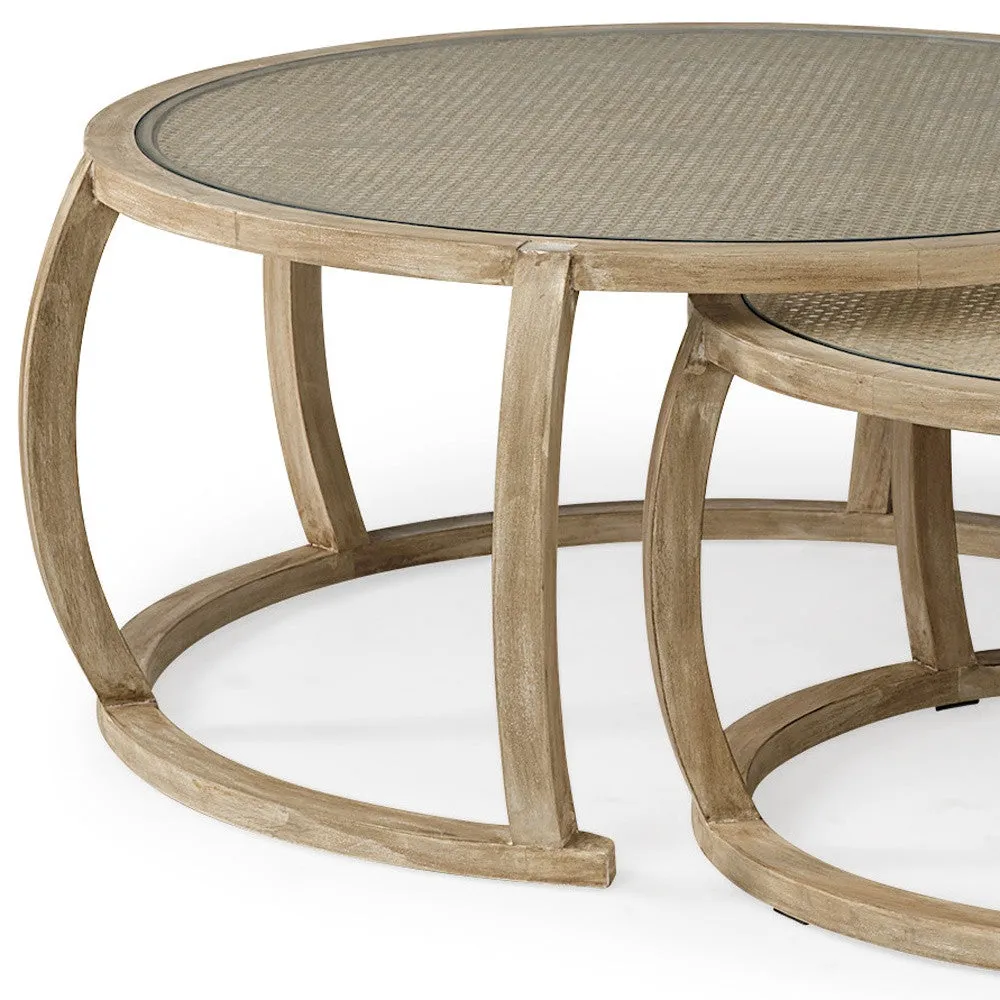 S2 41.5 Round Woven Cane Glass Top And Solid Wood Coffee Tables