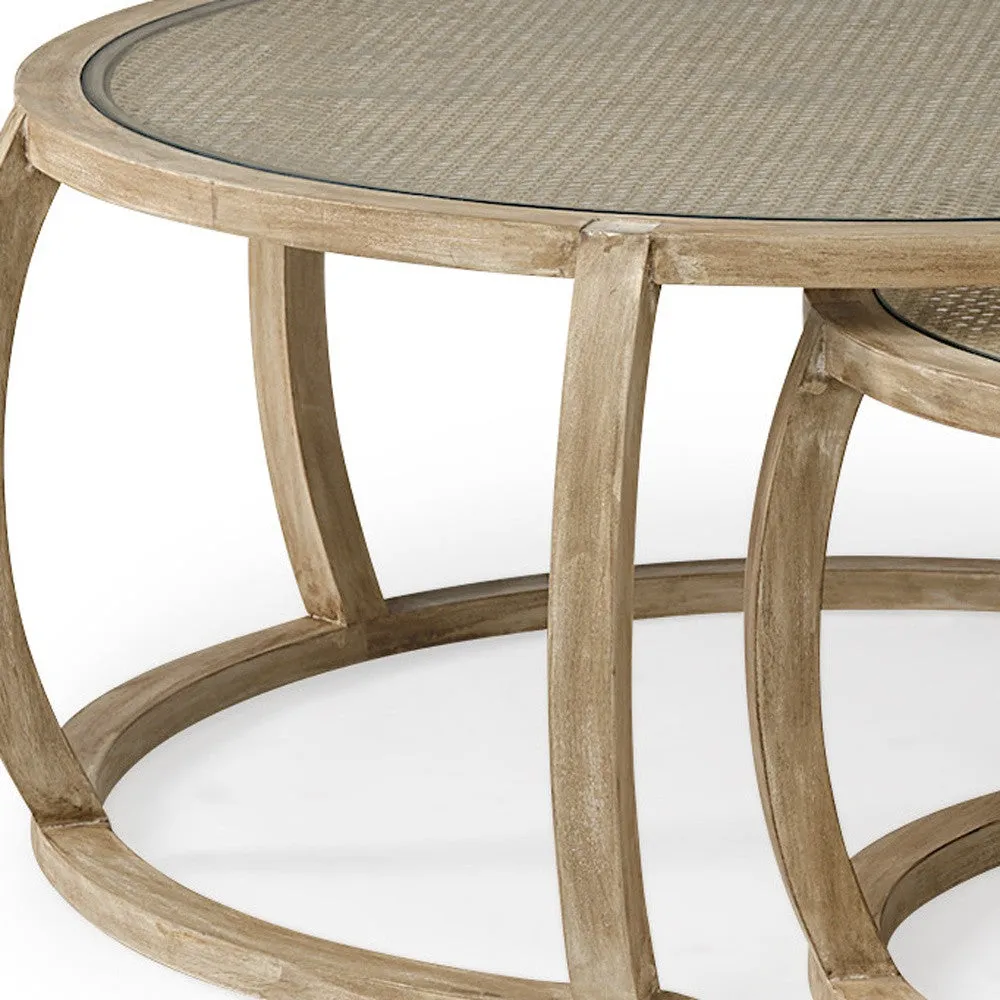 S2 41.5 Round Woven Cane Glass Top And Solid Wood Coffee Tables