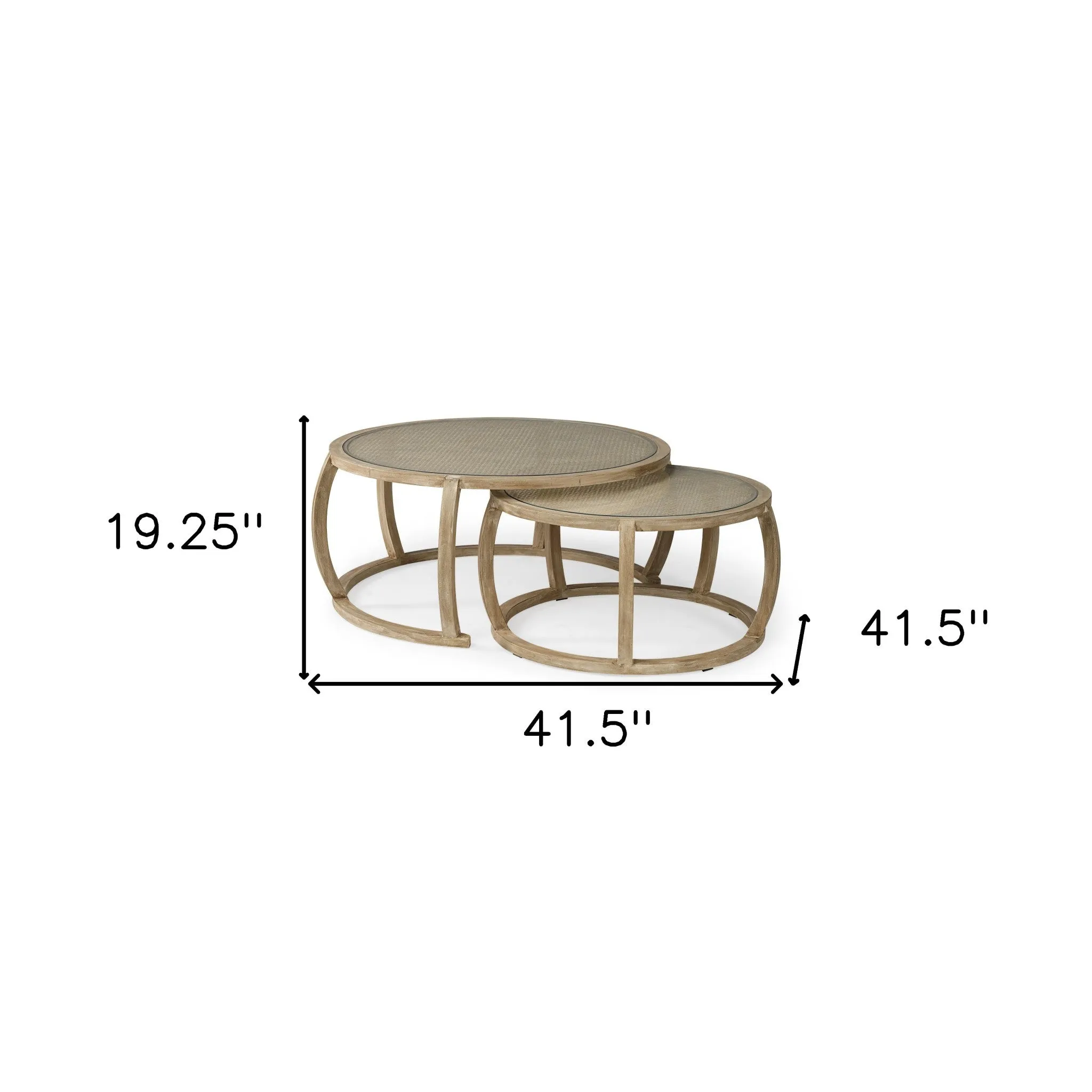 S2 41.5 Round Woven Cane Glass Top And Solid Wood Coffee Tables