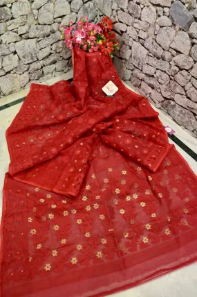 Scarlet Red Color Jamdani Saree with Self Weaving