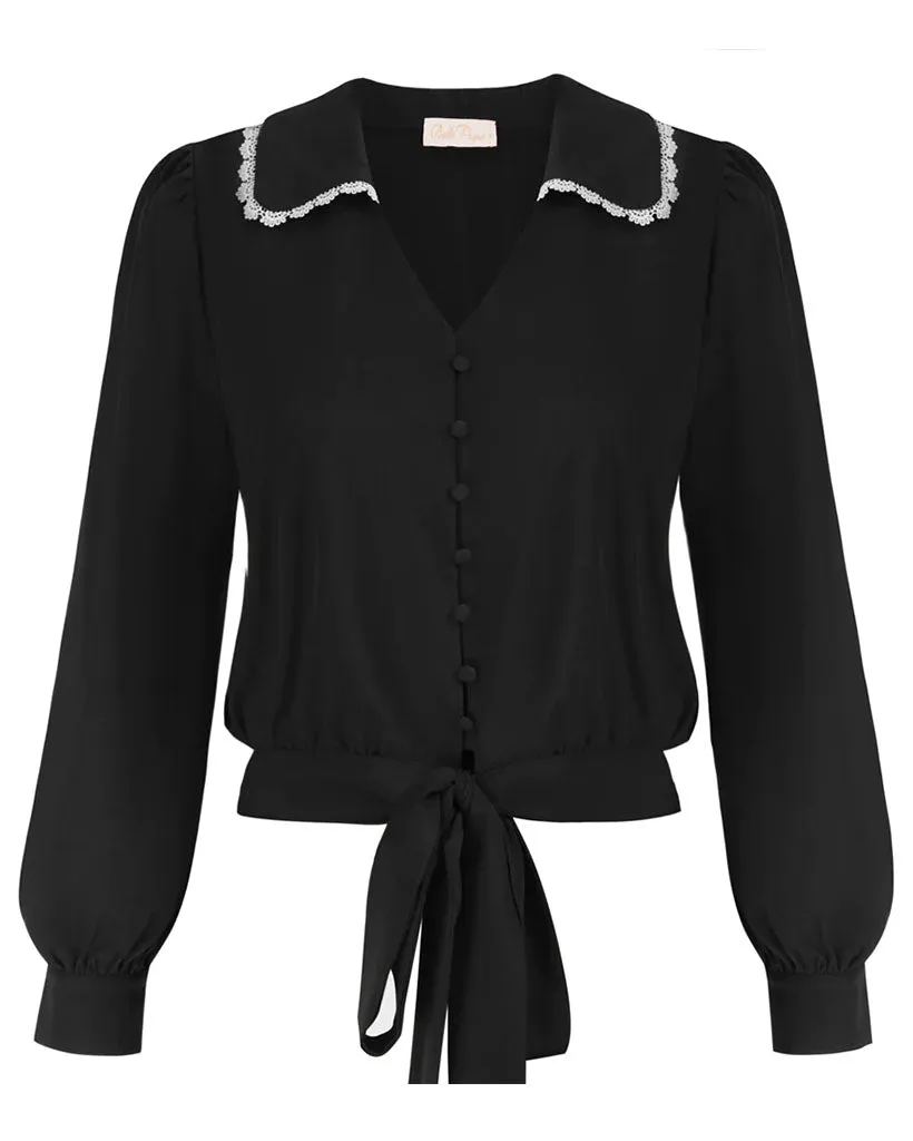 Seckill Offer⌛Vintage Cropped Shirt Long Lantern Sleeve Lapel V-Neck Button-up Tops