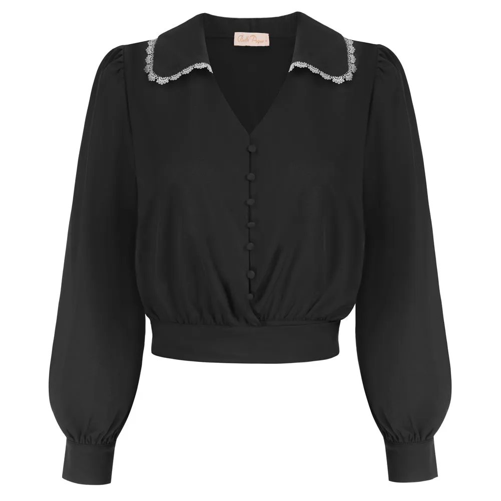 Seckill Offer⌛Vintage Cropped Shirt Long Lantern Sleeve Lapel V-Neck Button-up Tops