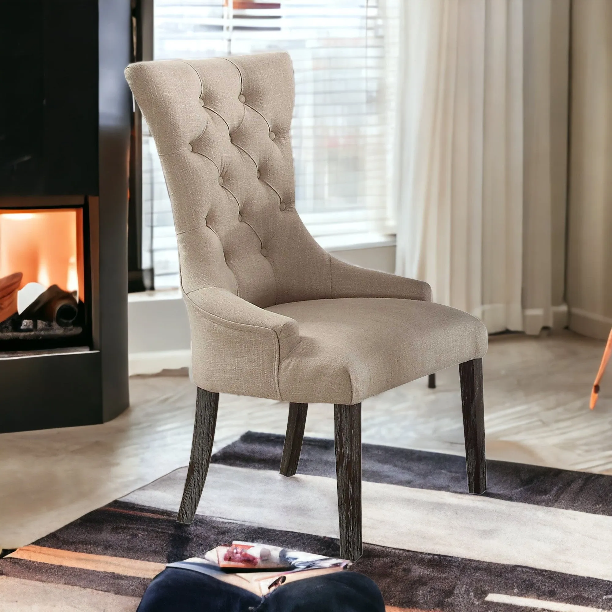 Set Of Two 28 Beige And Brown Linen Tufted Parsons Chair