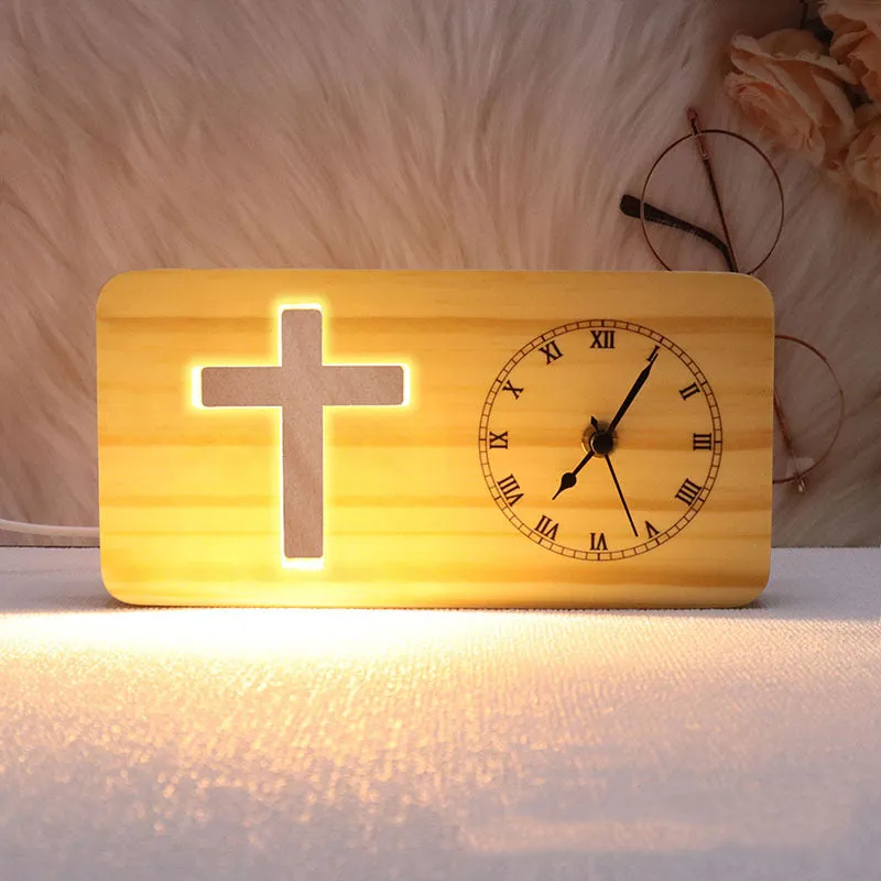 Solid Wood Carved Hollow Clock Ornament - Christian 3D Night Light - Cross, Church, Jesus Carving Options