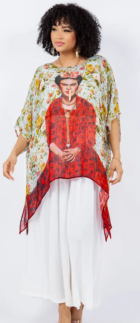 Sunheart Plus Frida Kahlo Oversize Tunic Top Lagenlook Boho Hippie Chic SML-6X 