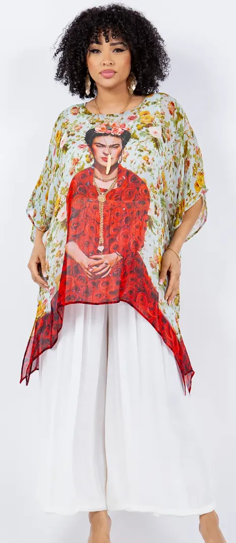 Sunheart Plus Frida Kahlo Oversize Tunic Top Lagenlook Boho Hippie Chic SML-6X 