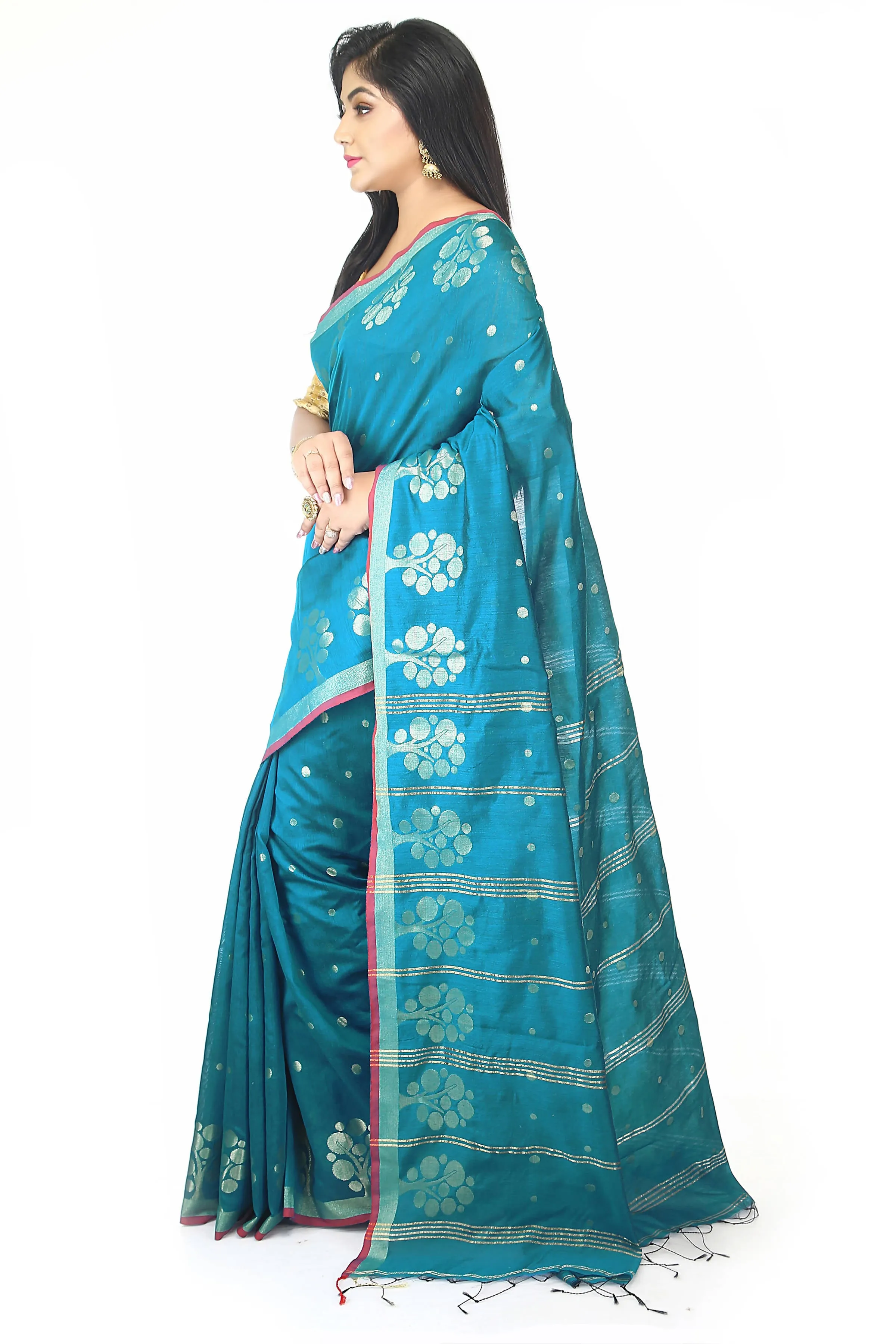 Teal bengal handloom extrawefts work saree