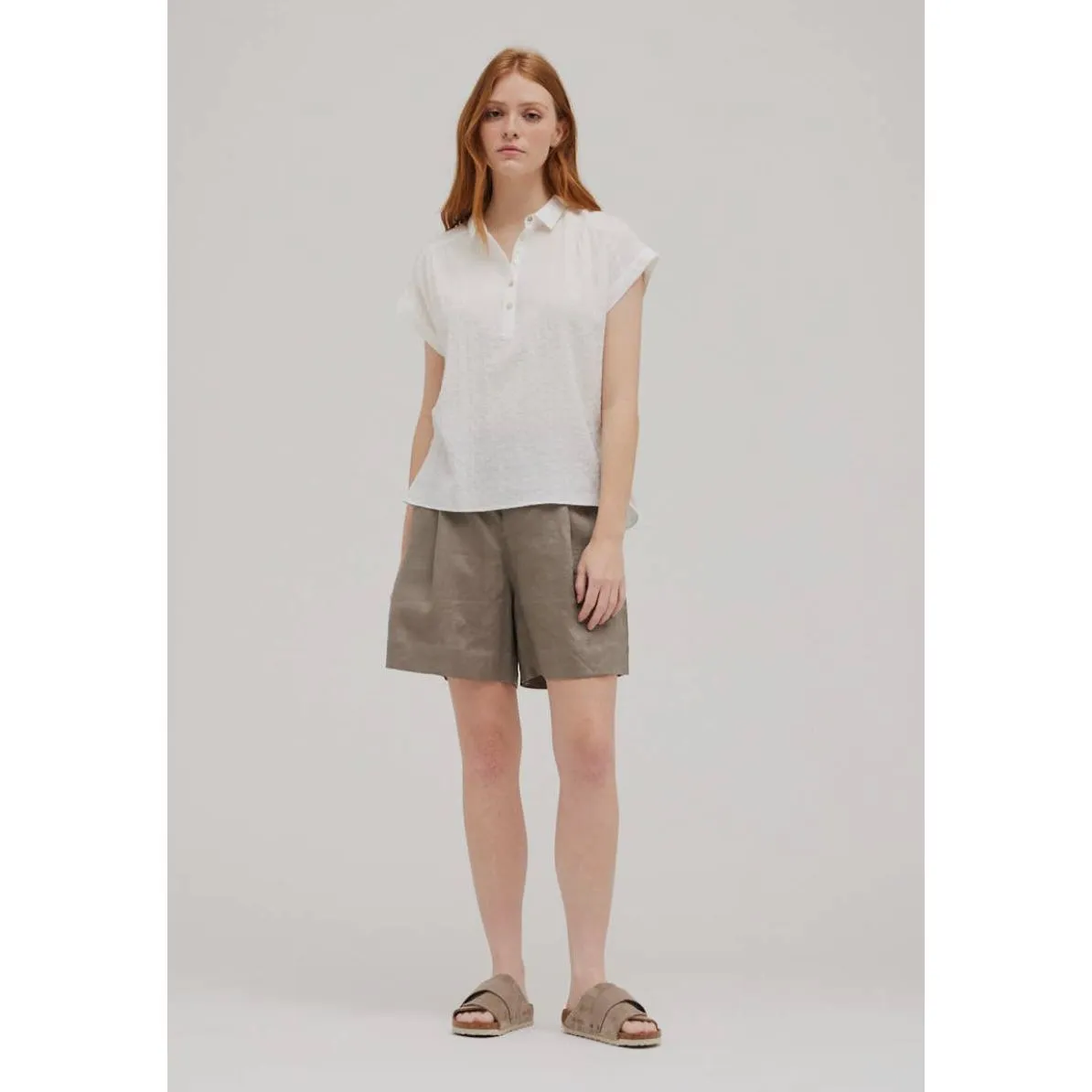 Tessa Off White Collared Short Sleeve Blouse Grade and Gather