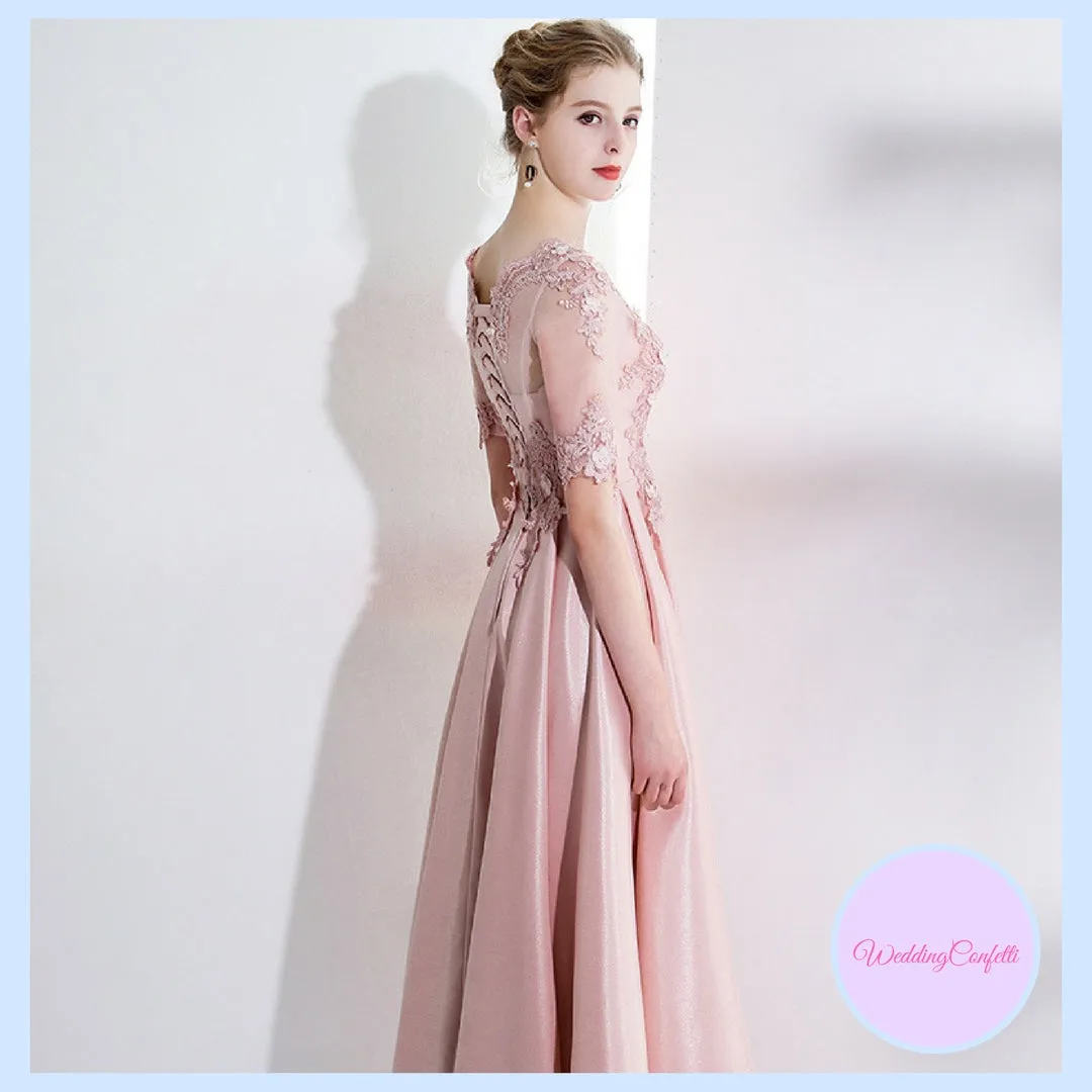 The Kadienne Pink Long Sleeves Satin Gown