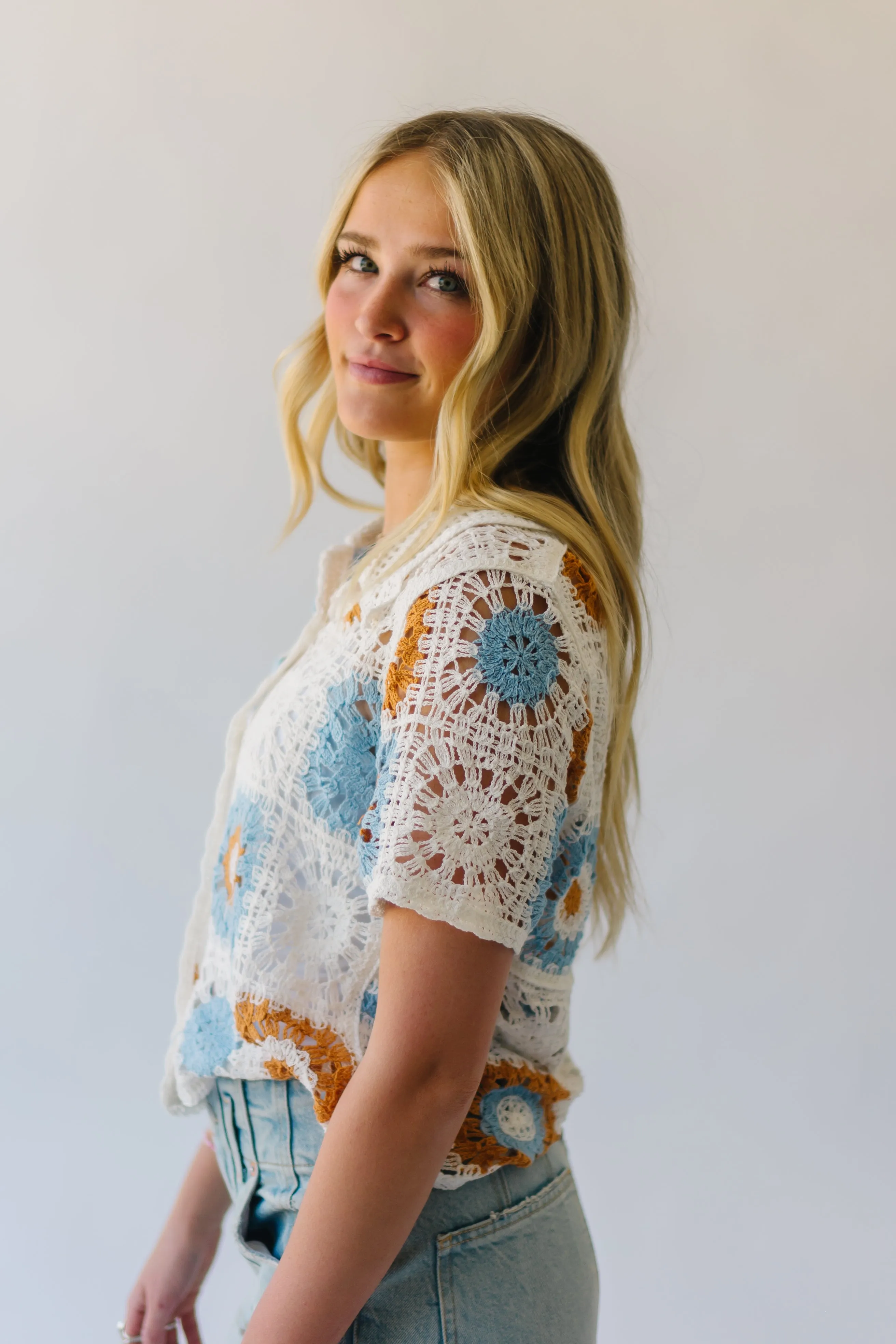 The Meldrum Button-Up Crochet Blouse in White Multi