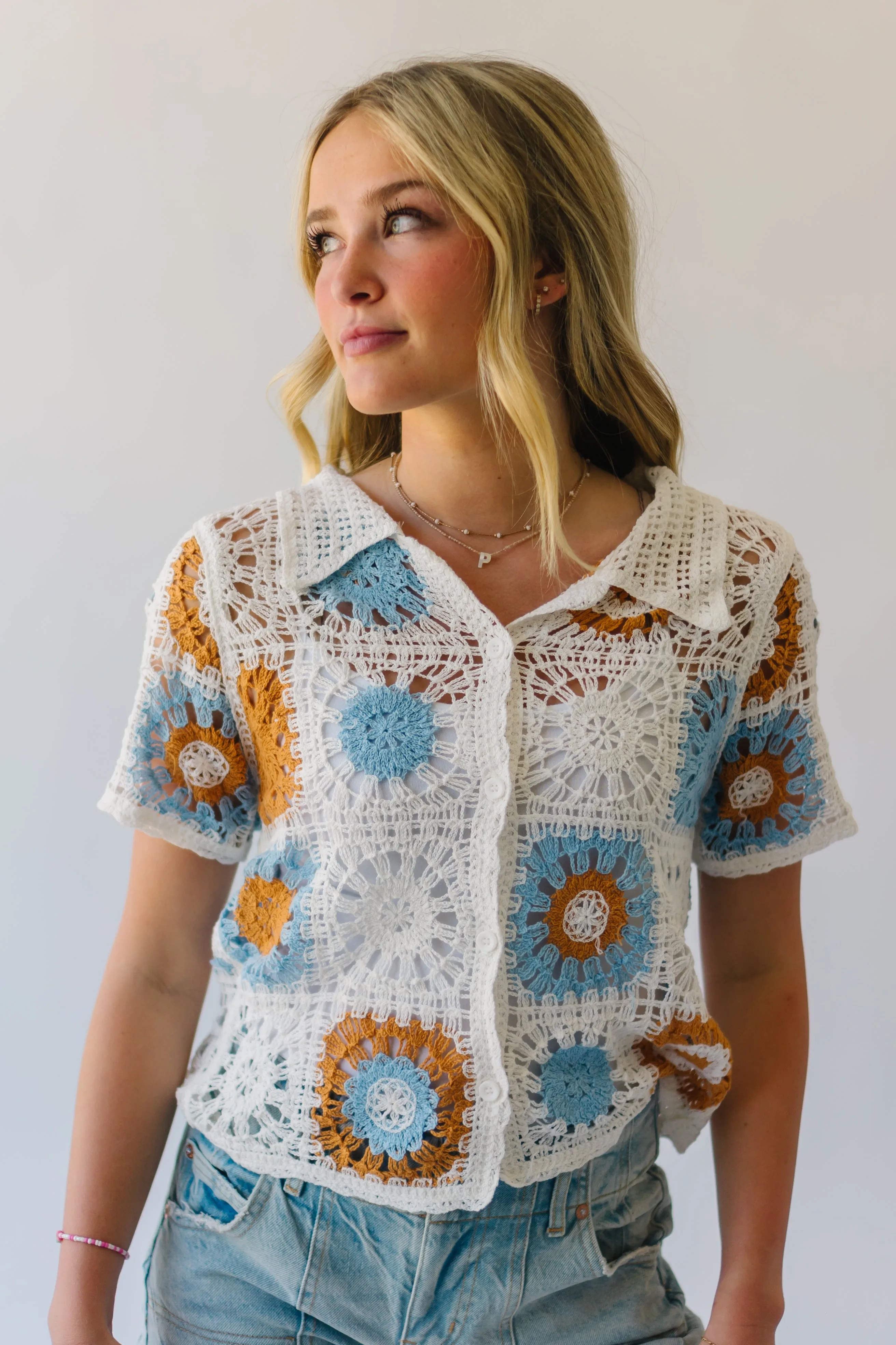 The Meldrum Button-Up Crochet Blouse in White Multi