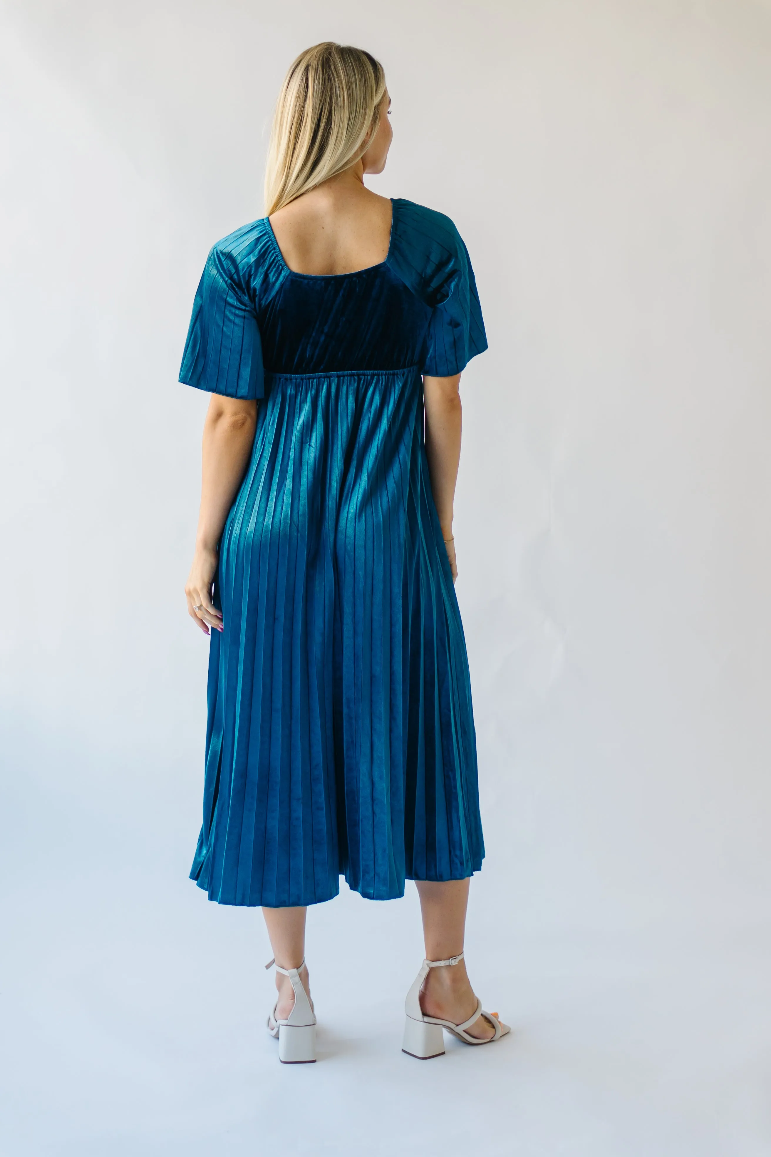 The Soren Sweetheart Pleated Velvet Midi Dress in Dark Teal