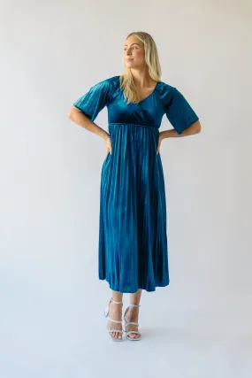 The Soren Sweetheart Pleated Velvet Midi Dress in Dark Teal